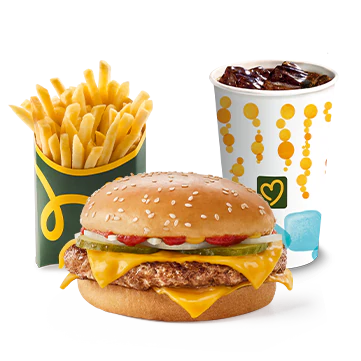 Комбо Mak.by: бургер с сыром, картофель фри и напиток в стакане.