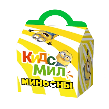 Коробка «Кидс Мил» с ручкой, белая с цветными кружками и оранжевым узором, логотип «Кидс Мил» на боковой стороне.